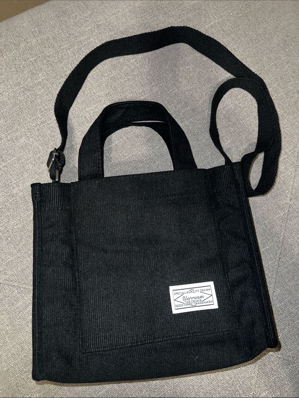 Black Corduroy Crossbody Tote Bag with Front Patch - Uerruam